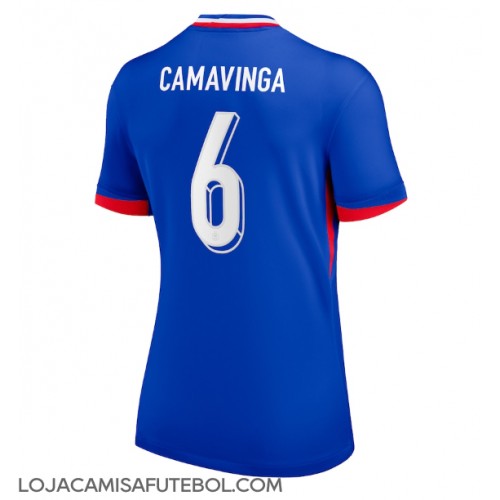 Camisa de Futebol França Eduardo Camavinga #6 Equipamento Principal Mulheres Europeu 2024 Manga Curta